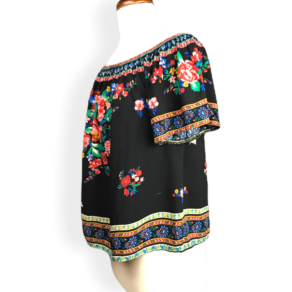 Flying Tomato Floral Off the Shoulder Top Medium Black Floral Print Shirt - Picture 2 of 14